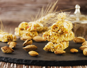 Cereal bar with nuts, selective focus