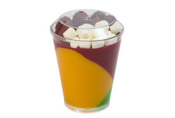 dessert in plastic cups cream with fruit and pastries and mousse