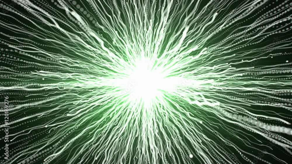 Poster abstract animation of green electric lines radiating from a light source and waving on black backgro