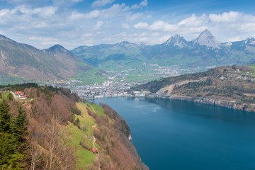 Fototapeta na wymiar Canton of Schwyz from Seelisberg. Landscape view from the air, wide lens. Mythen