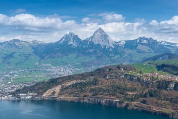 Canton of Schwyz. Landscape view from the air, wide lens. Mythen