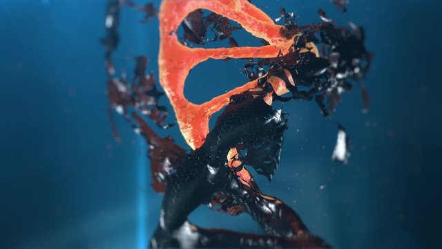 Computer graphic of orange DNA helix rotating vertically and losing black membrane on dark blue background 
