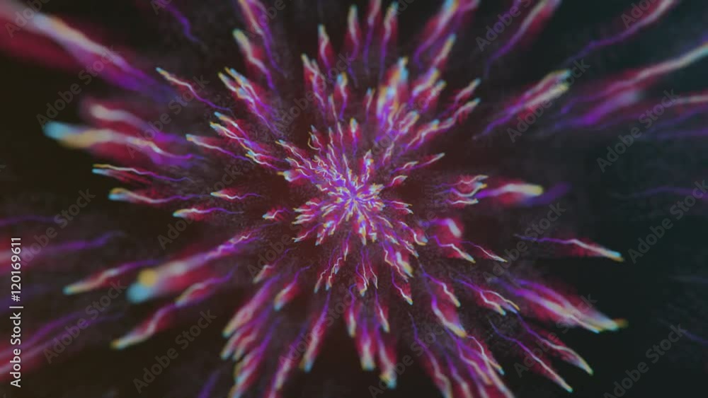 Poster digital animation of blurred light trails radiating from the center towards the edges on black backg