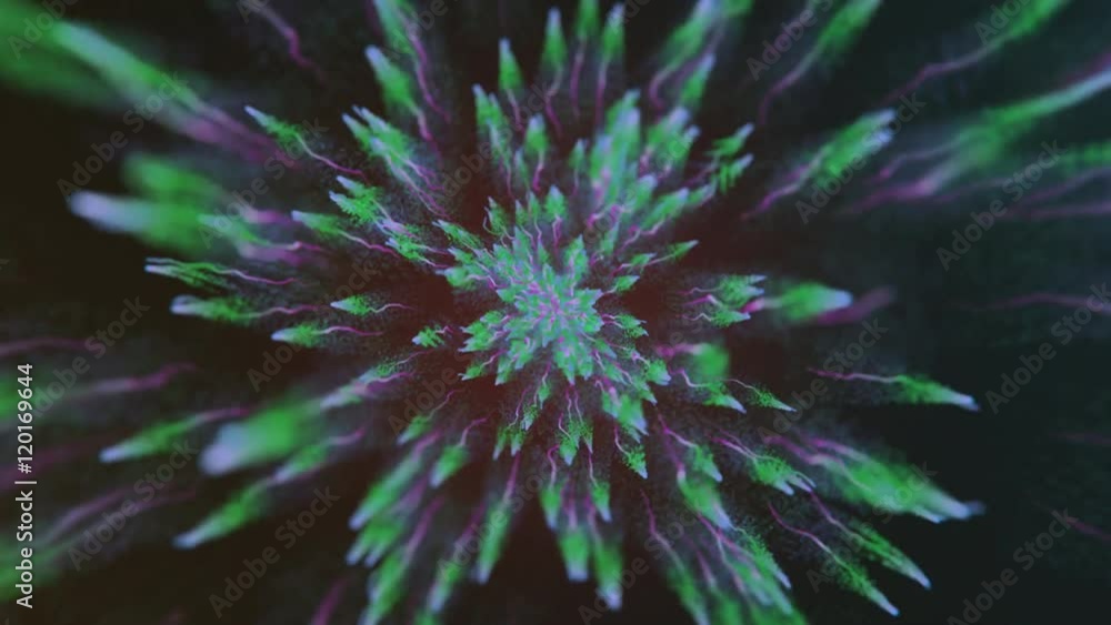 Poster 3d animation of waving green and violet light trails radiating from the center towards the edges on 