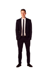 Full body portrait of happy smiling business man, isolated on wh