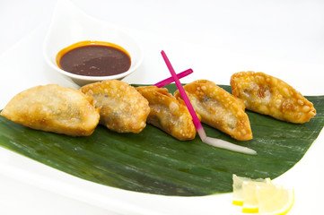 Japanese dumplings with lettuce on white background