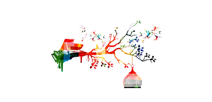 Creative music style template vector illustration, colorful piano, nature inspired instrument background with hummingbirds. Design for posters, brochures, banners, concert, music festival, music shop