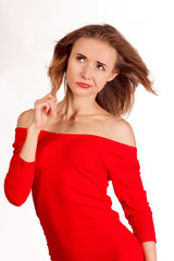 smiling woman in red posing against white background. studio iso