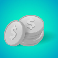 Vector Illustration of silver coins on blue background. 