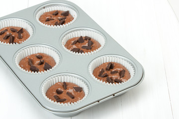 Chocolate Muffin Cooking Process. Liquid Dough In Baking Tray.
