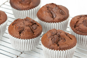 Homemade Chocolate Muffins In Paper Cases. White Table.