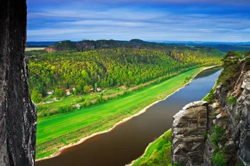 Wall murals Bastei Bridge Elbe river, view from Bastei bridge in Saxon Switzerland, at sunrise and the mist over the river Elbe, National park Saxon Switzerland. Beautiful Germany landscape. Summer morning with river landscape