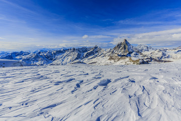 Panoramic view of Matterhorn on a clear sunny winter day, Zermatt, Switzerland