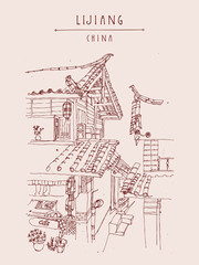 Traditional Chinese houses in Lijiang, Yunnan, China. Artistic hand drawing. Travel sketch. Vintage style travel poster, banner, postcard or calendar page template