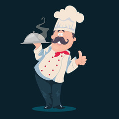Chef vector cartoon character with a mustache in a white uniform holding a cooked hot dish