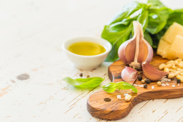 Pesto sauceingredients on wood board