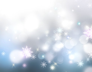 Holiday glowing lights winter snowflakes background.