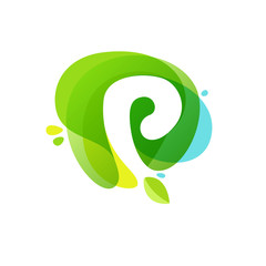 Letter P logo at green watercolor splash background.
