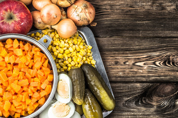 Ingredients of vegetable salad, cooking recipe, traditional polish cuisine
