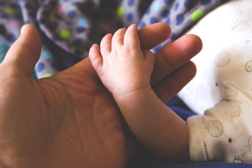 Father holding newborn baby hand