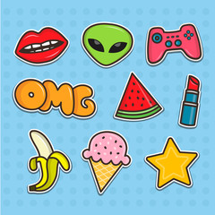 Set of cartoon teenager stickers. Flat line illustrations. Patches collection