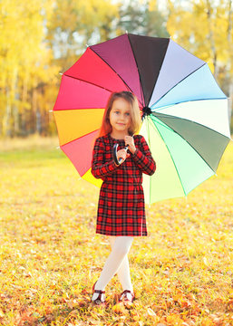 Little girl child with colorful umbrella walking in sunny autumn