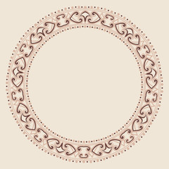 drawing of a round beige and brown frame  with ethnic ornament on a carnation background