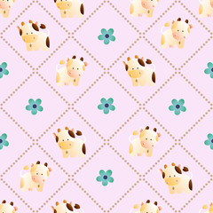 baby seamless pattern with a funny cute farm cows and bulls, on a light pink background. Hand drawn vector stock illustration