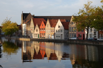 Canal embankment in the evening in Bruges, Belgium