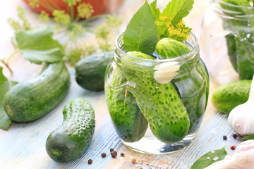 Making pickled cucumbers, homemade pickles in jar