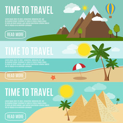 The set of three horizontal banners on a travel theme vector illustration.