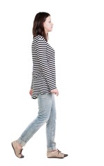 back view of walking  woman in frock. beautiful brunette girl in motion.  backside view of person.  Rear view people collection. Isolated over white background.