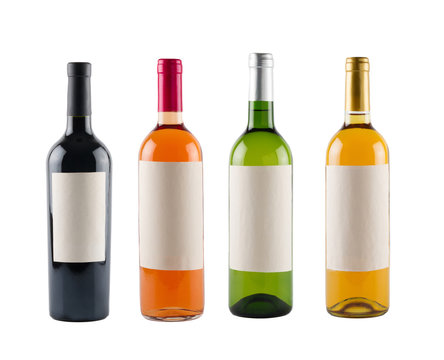 Set 4 bottles of wine with white labels isolated on white background.