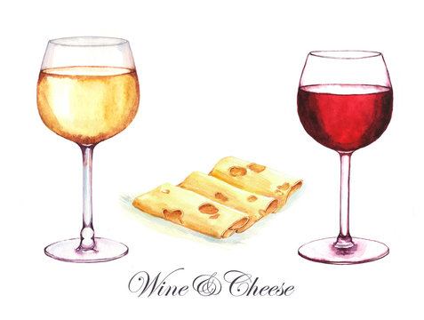 Hand-drawn watercolor illustration of two alcohol drinks in the glasses: white wine, red wine and sliced cheese. Isolated wine drawings