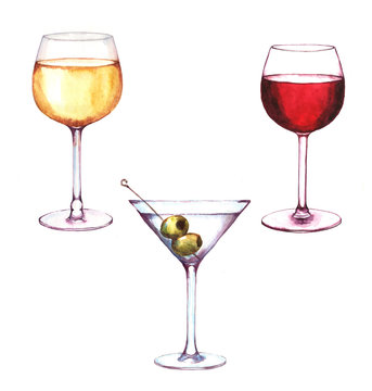Hand-drawn watercolor illustration of the three alcohol drinks in the glasses: white wine, red wine and the martini with the green olives. Isolated wine drawings