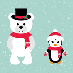 cartoon winter bear and penguin with hat and scarf