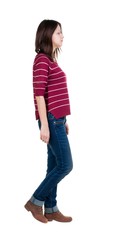 back view of walking  woman in red sweater. beautiful brunette girl in motion.  backside view of person.  Rear view people collection. Isolated over white background.