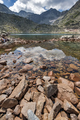Amazing landscape with Reflection of Irechek and Musala peak in Musalenski lakes,  Rila mountain, Bulgaria