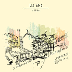 Traditional Chinese houses on the river in Lijiang, Yunnan, China. Artistic hand drawing. Travel sketch. Vintage poster, banner, postcard or calendar page template