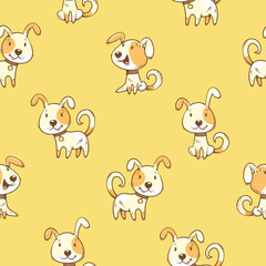 Seamless pattern with  cartoon dogs  on  yellow  background. Little cute puppies. Children's illustration. Vector image. Funny animals.