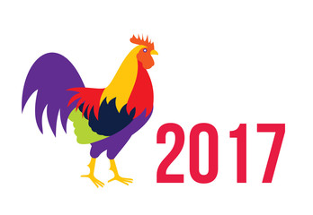 Fototapeta na wymiar Colorful 2017 New Year greeting card with rooster - symbol of the year, vector illustration isolated on white background. New Year greeting card design for 2017, the year of Red Rooster
