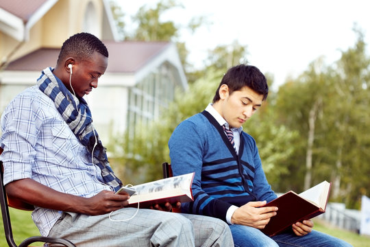 Two male students studying on college lawn