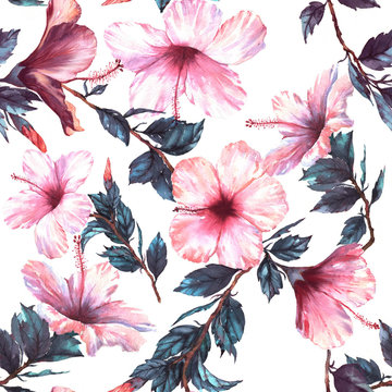 Hand-drawn watercolor floral seamless pattern with the tender white and pink hibiscus flowers. Natural tropical and vibrant repeated print for textile, wallpaper etc