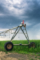Irrigation in oilseed rape field on rainy day