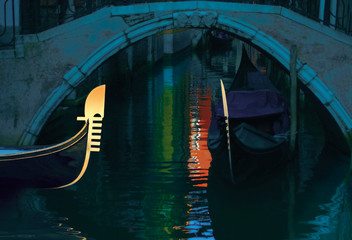 gondolas to the bridge at dusk in Venice - obrazy, fototapety, plakaty