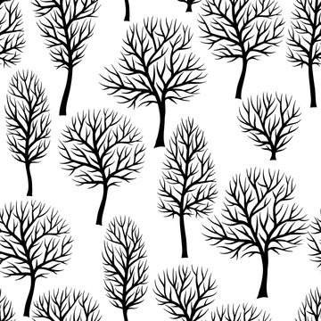 Seamless pattern with abstract stylized trees. Natural view of black silhouettes