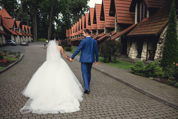 Fototapeta premium the groom and his wonderful woman walking in a beautiful place