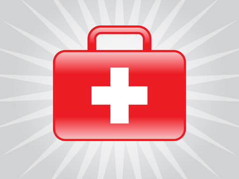 Illustration: Rote Reiseapotheke auf grauem Hintergrund &ndash; Querformat / Vektor / freigestellt