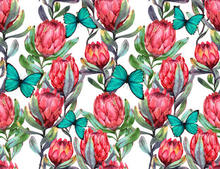 Hand-drawn watercolor seamless tropical pattern with red protea flowers and blue butterflies. Colorful exotic summer print with floral elements for the textile and wallpapers.