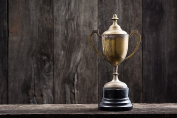 still life photography : old trophy on old wooden plank with space of old wood background